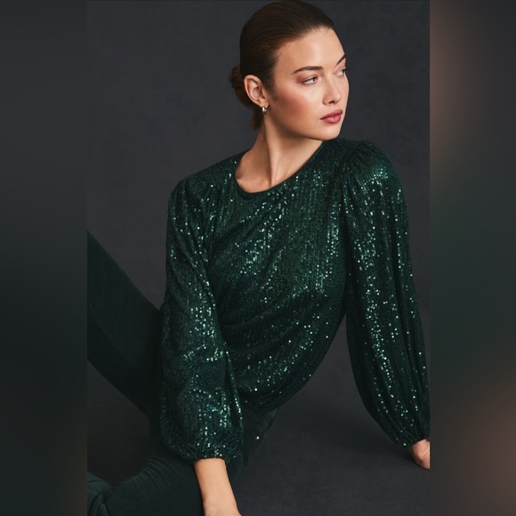 NWT! Anthropologie Dark Green Flat White Sequin Top - ALL PETITE SIZES 💎 - Picture 2 of 11